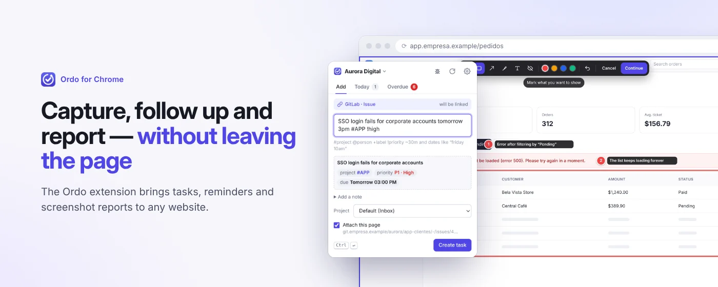 Extension popup creating a task from the open page
