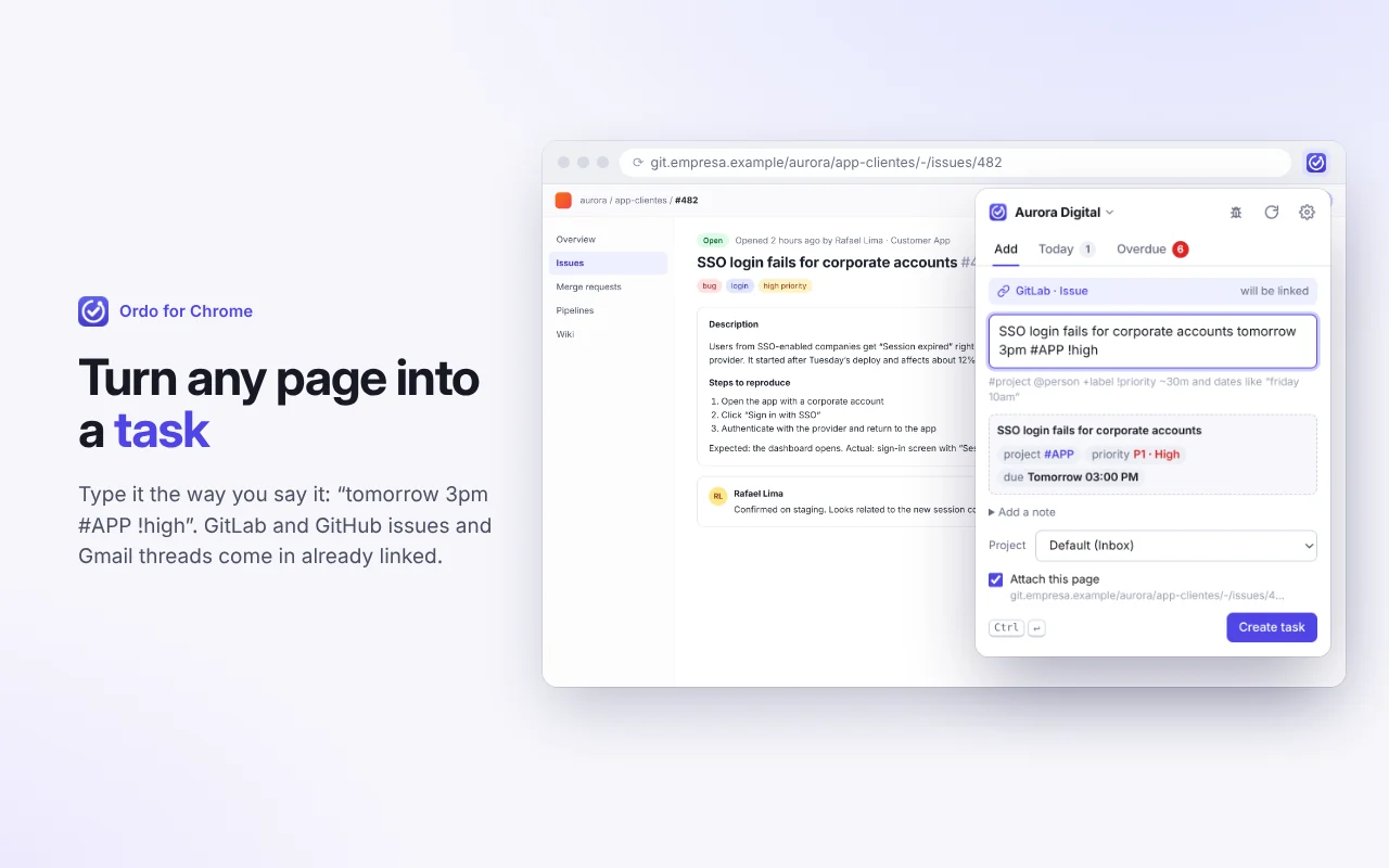Extension popup creating a task from the open page