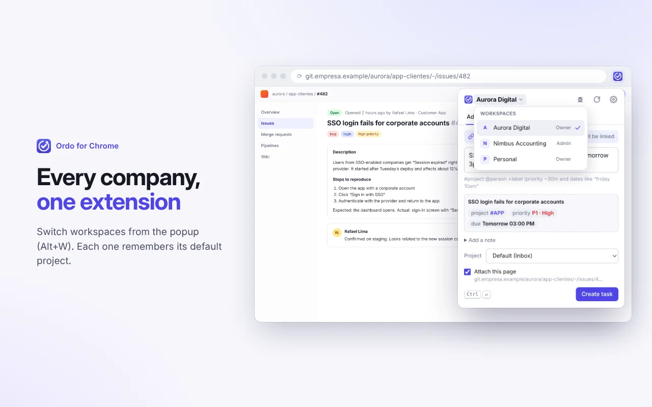Switching workspaces in the extension popup