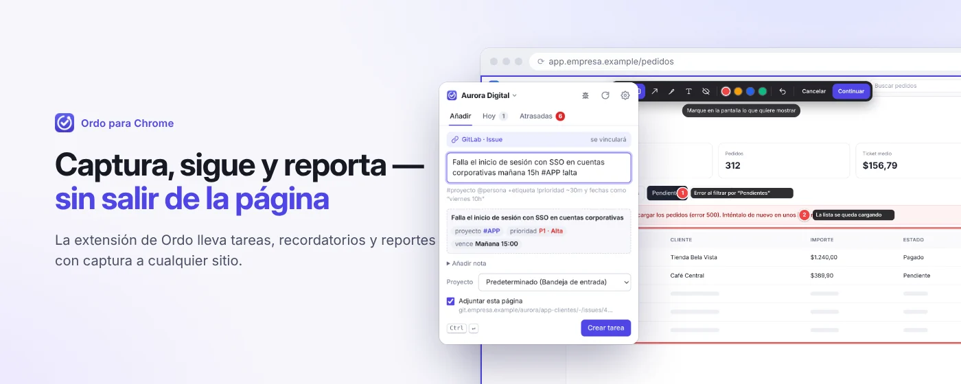 Popup de la extensión creando una tarea a partir de la página abierta