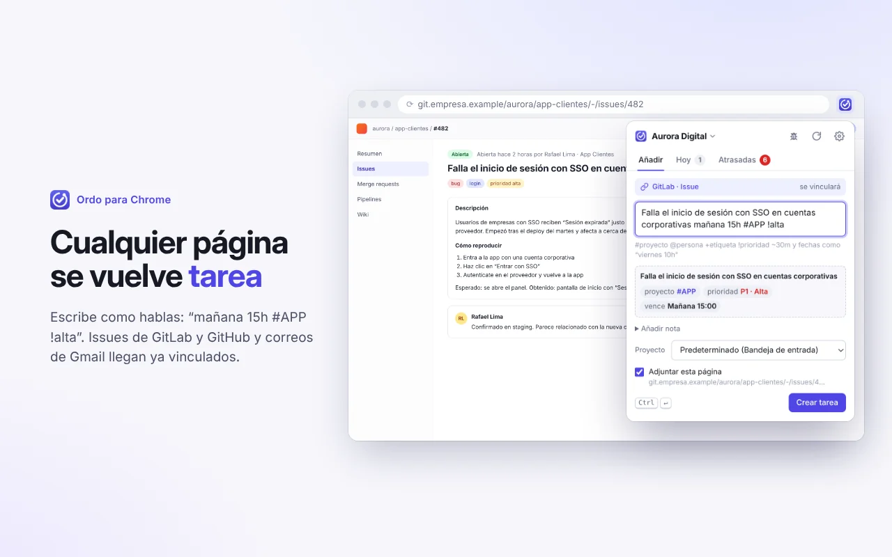 Popup de la extensión creando una tarea a partir de la página abierta