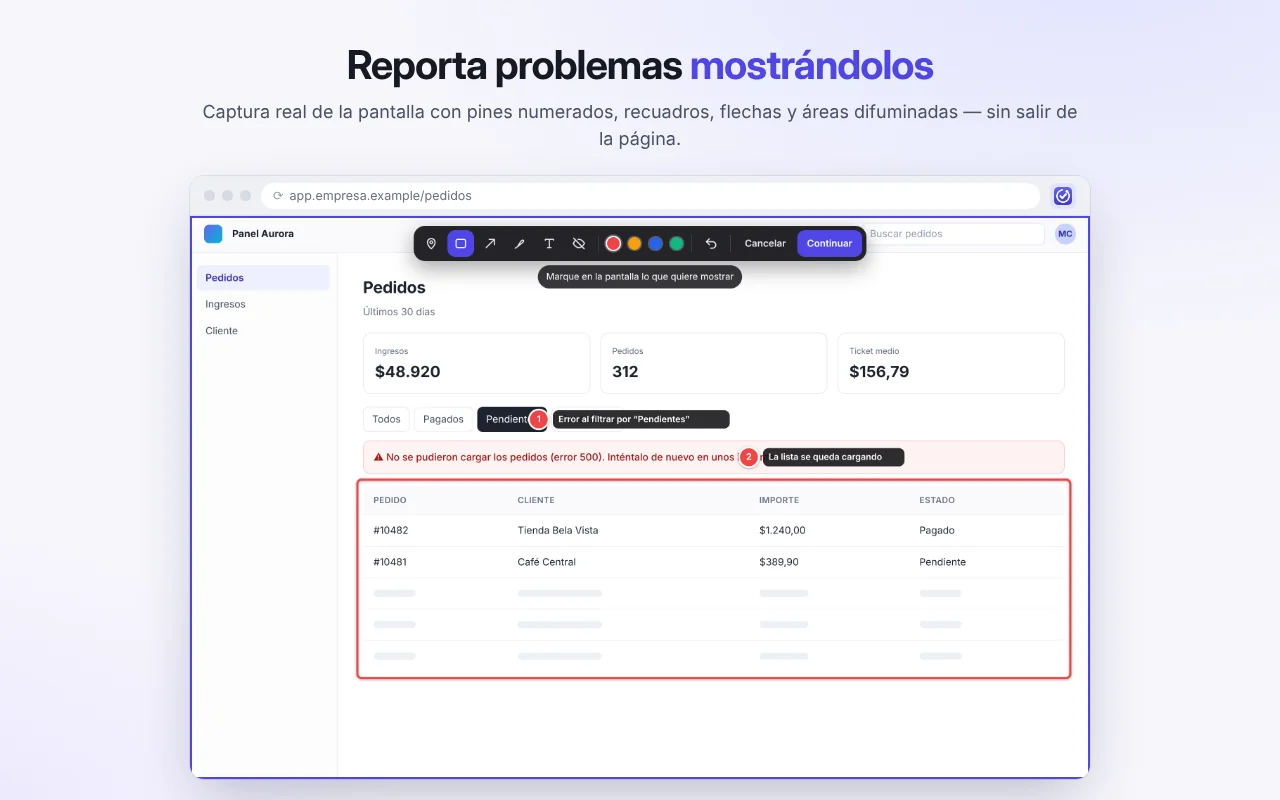 Editor de anotaciones sobre una página con marcadores numerados