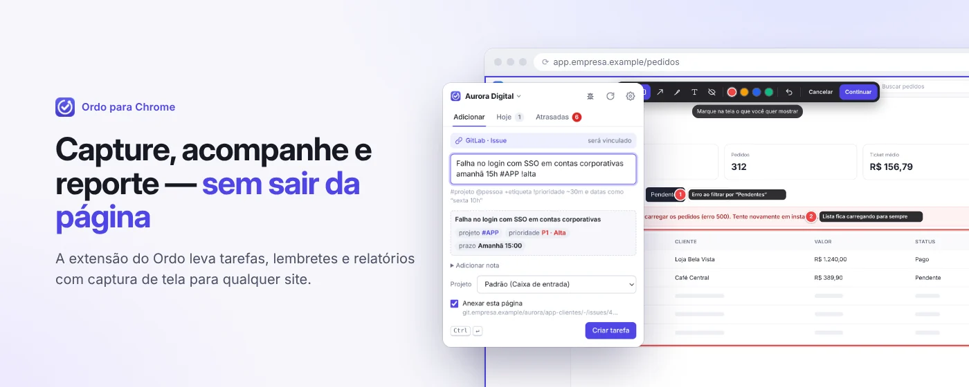 Popup da extensão criando uma tarefa a partir da página aberta