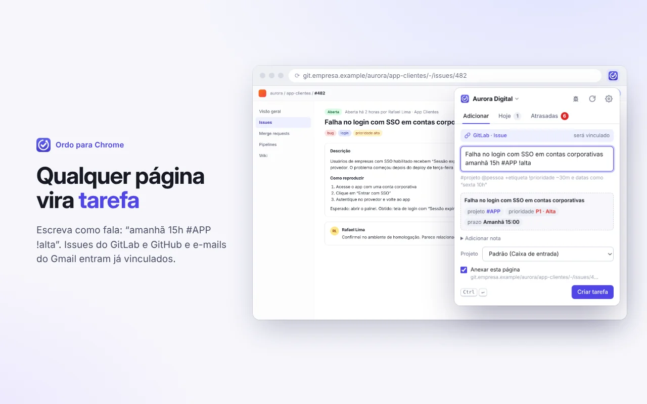 Popup da extensão criando uma tarefa a partir da página aberta