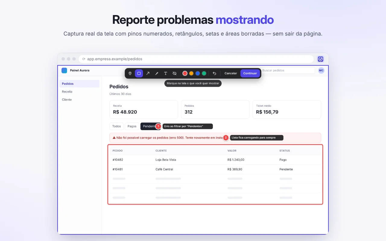 Editor de marcações sobre uma página com pinos numerados