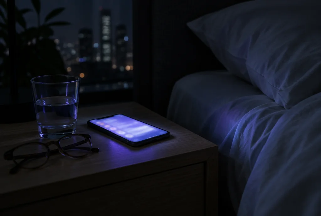 Celular aceso sobre o criado-mudo durante a madrugada, com uma notificação na tela